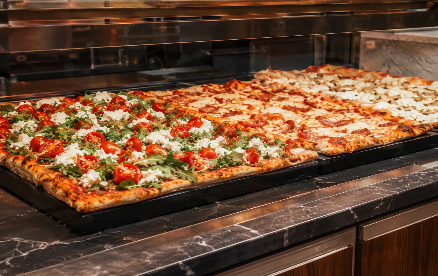 Pizza al taglio in vetrina con verdure fresche